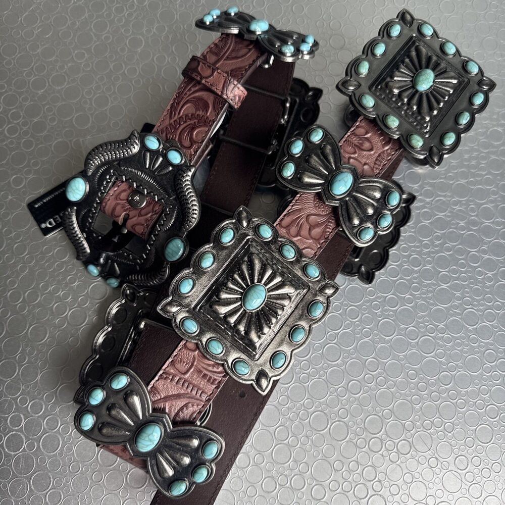 NWT Lucky & Blessed Turquoise Concho Tool Leather Belt - S Runs Bigger Dust Bag